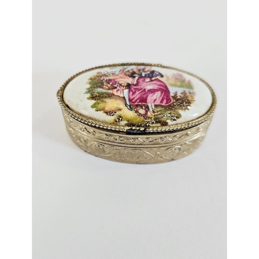 Vintage Fragonard Style Porcelain Limoges Jewelry Trinket Pill Ring Snuff Box